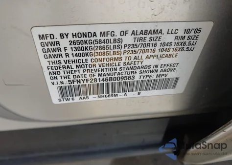 2006 Honda Pilot Lx z USA, uszkodzony, nr VIN 5FNYF28146B009563